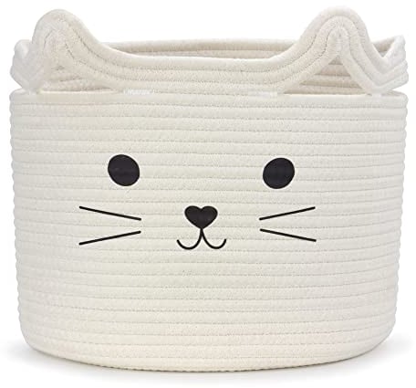 Goodheim Cesto portaoggetti per bambini in cotone per giocattoli e biancheria, cesto per biancheria e giocattoli in uno, decorazione per cameretta dei bambini, gatto bianco