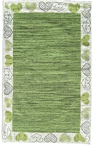 HOME ZEN HOUSEHOLD LINEN Passatoia tappeto 100% cotone art. LOVE shabby chic bordato con stampa cuori (50x110 cm, verde)