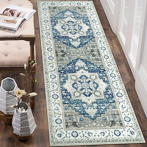 LuxFocus Flur Läufer Waschbarer Rutschfester Teppich Traditionell Bodenmatte mit Blumenmuster für Eingangsbereich Schmutzabweisender Teppichläufer für Flur Beige-Blau 60x230 cm