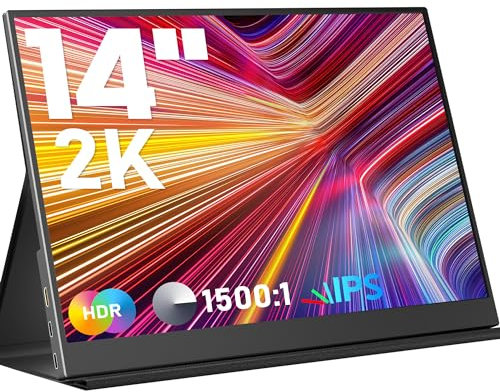 Monitor portatile da 14 pollici 2K per computer portatile, USB C HDMI Gaming ultra-sottile IPS Display Smart Cover & altoparlanti, schermo 2160 * 1440P per laptop, HDR Plug&Play, monitor esterno per