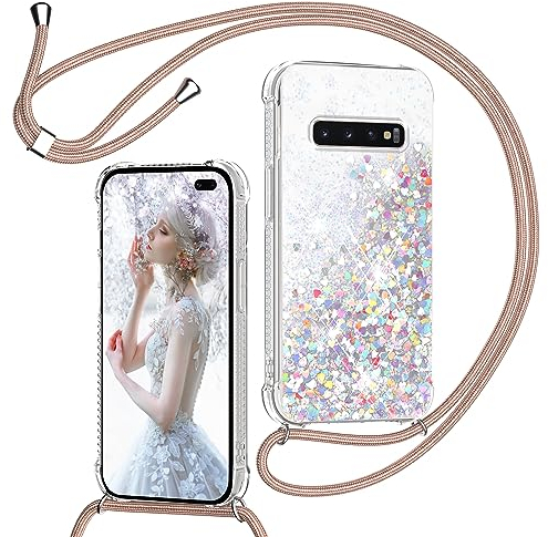 TUUTPU Handyband für Samsung Galaxy S10 4G Hülle mit Band, Glitzer Treibsand Handyhülle mit Kordel zum Umhängen Transparent Stoßfest Schutzhülle mit Kette Schnur, Quicksand Necklace Case in Roségold