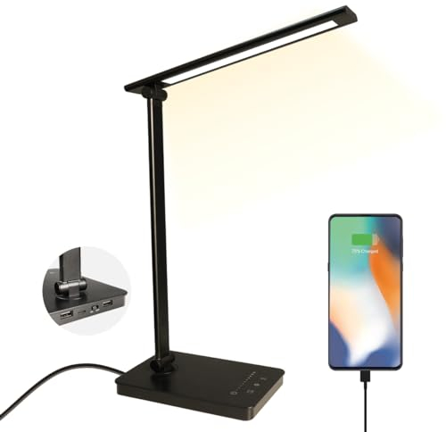Shuwomart Schreibtischlampe LED Dimmbar Tischlampe 5 Farben und 10 Helligkeitsstufen,Schreibtischleuchte Augenschutz mit 45-Minuten Timer,USB-Anschluss,Speicherfunktion für Leser,Kinder,Büro,Schwarz
