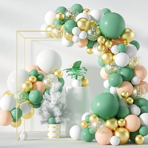 WOIRROIP Salbei Grün Ballongirlande Bogen Kit,144pcs Grün Weiß Gold Konfetti Ballons Retro Grün Latex Ballon für Geburtstag Party Baby Dusche Hochzeit Weihnachten Urlaub Ballon Dschungel Dekorationen