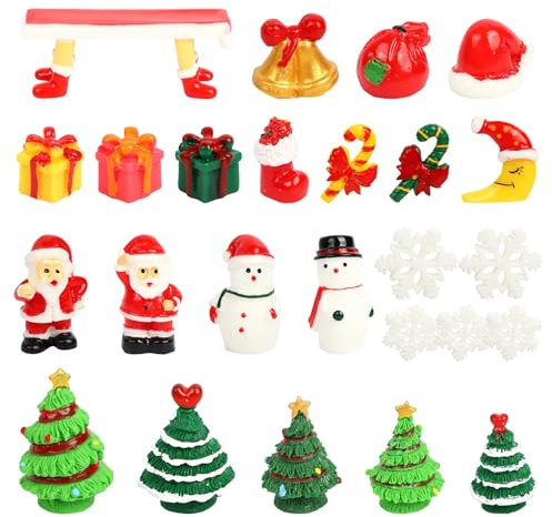 Mayoii 25 mini adornos de Navidad, figuras en miniatura de resina de Navidad, bonito árbol de Navidad, muñeco de nieve, Papá Noel, copo de nieve, adornos de manualidades