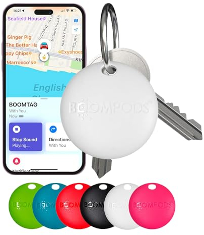 Boompods Boomtag Bluetooth Tracker Tag - Smart Tracking Device for Children, Pet and Dog, Keyring Wallet Tracker for Keys, Luggage Suitcases, Key Finder Compatible with Apple Find My App - White