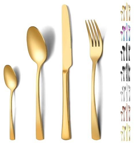 Funnydin 24 Stück Besteck Set 6 Personen, Premium-Edelstahl Besteck Set mit Gabel, Messer, Löffel, Spülmaschinenfest, Einzigartiger und Eleganter Gold-Look