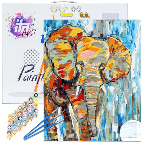 ITA Art Malen nach Zahlen Komplett Set mit Keilrahmen, Acrylfarben, Pinseln, Zubehör, Geschenkbox - DIY Gemälde Bastelset Kit mit Leinwand für Erwachsene, 40x50 cm, Bunter Elefant