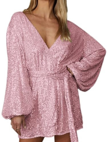 shownicer Paillettes Vestito Donna Elegante Paillettes Manica Lunghe Scollo A V Abito Corto Tinta Unita Mini Vestito da Ballo Formale Soiree Cocktail C Rosa L