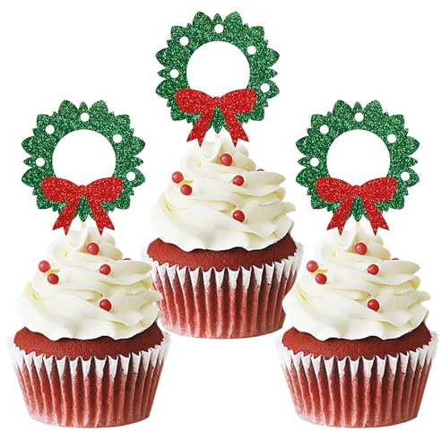 24 Stück Glitzer Weihnachtskranz Cupcake Toppers, Adventskranz Tortendeko, Kuchen Deko Weihnachten für Neujahr Party, Weihnachtsfeier Deko (Kranz)
