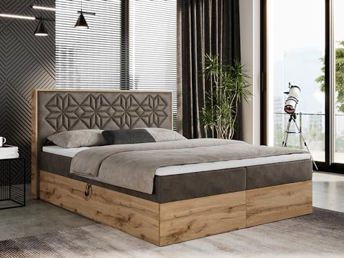 MKS MEBLE Boxspringbett 120x200 cm mit Bettkasten und Kopfteil, Polsterbett mit Matratze H4 und Topper T25, Boxspringbett mit Massivholz - Nessi - Braun Velvet