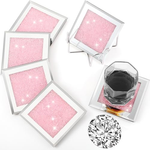 Jetec Crushed Diamond Home Decoration Glass Coaster Set of 6 with 1 Holder, Crystal Mirrored Diamond Coasters Housewarming Gifts for Home Kitchen Bar Table(Pink)