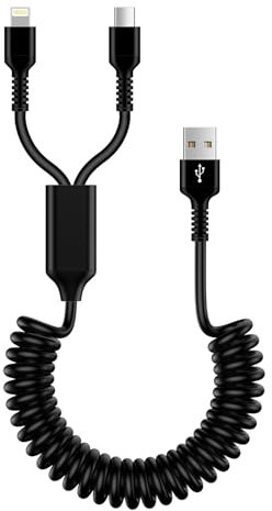 2 in 1 Coiled USB C and Lightning Cable for Car, Retractable Multi Charger Cable Lead Fast Charging Cord, Spring iPhone Charger Cable for iPhone 14 13 12 11,Type C Cable for Samsung Galaxy S24 S23 S22