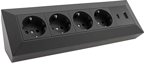 ChiliTec Bloc multiprise d'angle 4 prises 230 V avec USB-A USB-C PD pour bureau, cuisine, atelier, noir