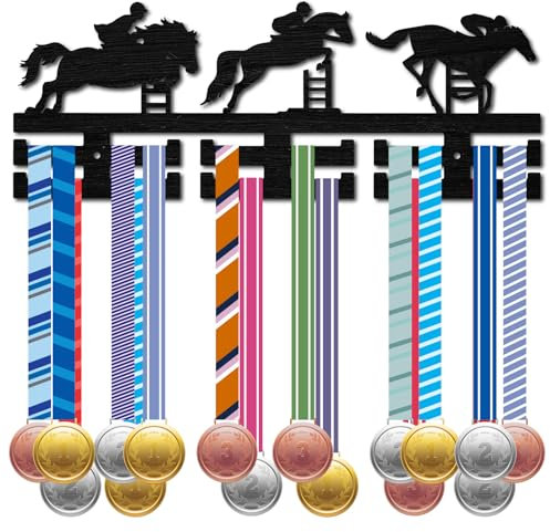 CREATCABIN Appendiabiti per Medaglie Equestri Porta Medaglie Sportive Equitazione Ippica Premi Nastri Organizzatore Supporto in Legno Nero Decor Rack Telaio per Giocatori Appesi Parete Atleti 40x15cm