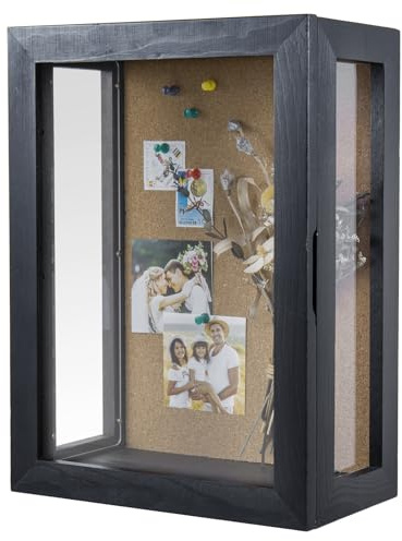 MyGift Deep Shadow Box Frame 11x15 Inch, Wall Mounted Display Case for Flowers, Picture, Vintage Coal Black Finish and Cork Backing, Solid Wood, Clear Acrylic Panels, Hinged Door Magnetic Closure