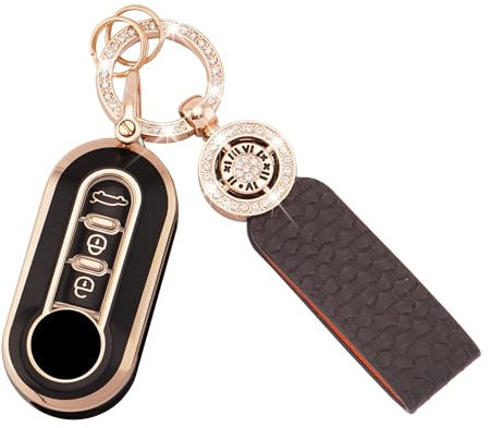 Koaudb Housse de clé de Voiture pour Fiat 500 500L Brava Bravo Fiorino Punto Panda Qubo Stilo Lancia 3 Boutons Housse de clé TPU Pliable avec Porte-clés en Cuir Noir et Or (C-BP-Fia)