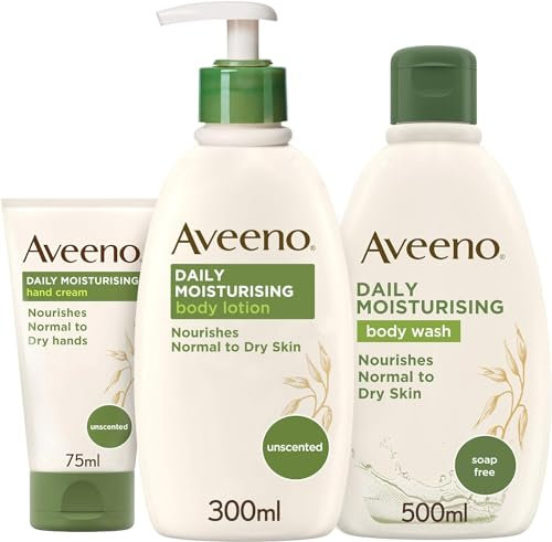 Aveeno Daily Moisturising Skincare Set, Body Skin Care Set Featuring Body Wash (500ml), Lotion (300ml), and Hand Cream (75ml) to Nourish Sensitive and Dry Skin