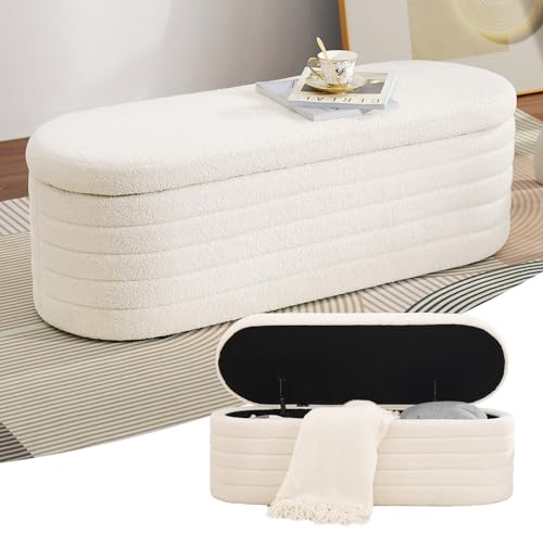 LEUTED Sitzbank mit Stauraum, Schuhbank mit Sitzfläche, Teddystoff Sitzhocker, Moderner Sitztruhe mit großem Stauraum Aufbewahrungsbox, Sitzbox für Schlafzimmer Wohnzimmer Weiß
