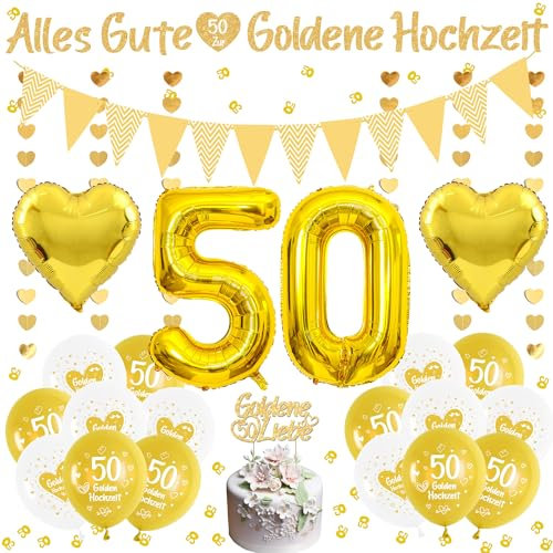 Goldene Hochzeit Deko Luftballons - 50 Hochzeitstag Dekoration Set Inklusive Goldene Hochzeit Banner, Gold Zahl 50 Tischdeko, Luftballons 50, Tortendeko, Deko Goldene Hochzeit für Innen Draußen