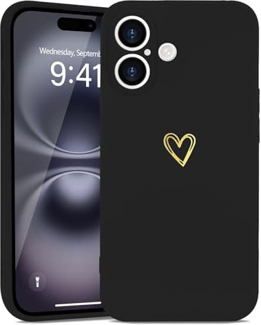 Wirvyuer Kompatibel mit iPhone 16 Hülle Mädchen Handyhülle Gold Liebesherz Weich Silikon Case Süßes Gold Love Slim Stoßfest Schutzhülle für iPhone 16 Schwarz