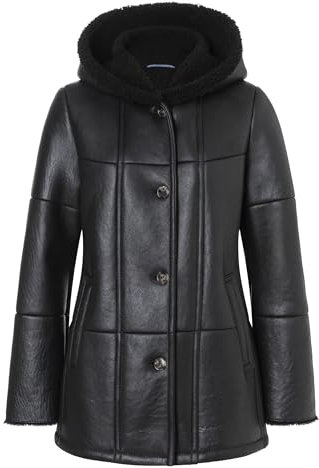 Valcuer 1887 Damen Lammfelljacke VIVI aus echtem Leder, Lammfell, Fell, warme Winterjacke mit Kapuze - bequem, warm und hochwertig in Schwarz, in Gr. 40