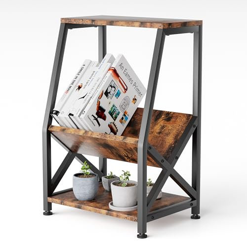 S'AFIELINA Beistelltisch Sofatisch，3-stöckiger Wandtisch Mit 2 offenen Trennwänden，aus Metall und Holzwerkstoff, Vintage-Holzoptik + Schwarzer Metallrahmen