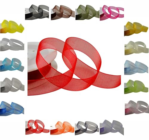 50m / 25m Roll Luxury Organza Woven Edge Ribbon Reel Rolls 3mm, 9mm, 15mm, 25mm, 40mm (Red, 15mm - 25 Metres)