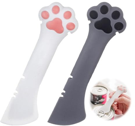 2 Stück Katzenfutter Löffel,Niedlicher Niedlich Katzenpfotenform Dosenöffner für Haustiere,Multifunktional Katzen Dosen Löffel für Tierfütterung Tierfutterlöffel,Cat Spoon für Nassfutter (Grau Weiß)