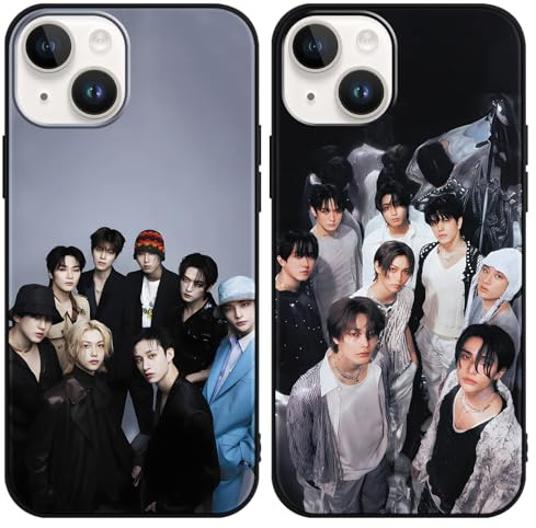 nurkorki 2 Stück Schwarz Handyhülle für iPhone 14 iPhone 13 Hülle 6,1,Kpop Stray Kids Skzoo Muster Design Aesthetic Schutzhülle für Mädchen Frauen Skz Fans Cover,Silikon TPU Stoßfest Case,Cartoon