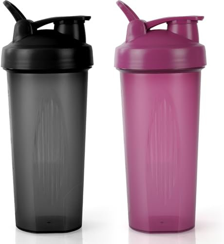 AOGOE Protein Shaker, 600ml Eiweiß Shaker, proteinshaker mit Messskala & Henkel & Kugel- BPA Frei, auslaufsicher, Langlebiger, Geruchsneutraler, Shaker für cremige Whey Proteinpulver(Schwarz+Lila)