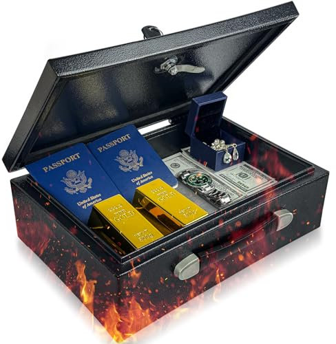KABISAFE Caja fuerte portátil con llave, 11L resistente caja de seguridad metálica para documentos, ignífuga y con asa para casa, coche, oficina y exteriores, 36,5 x 25,8 x 12 cm, Negro