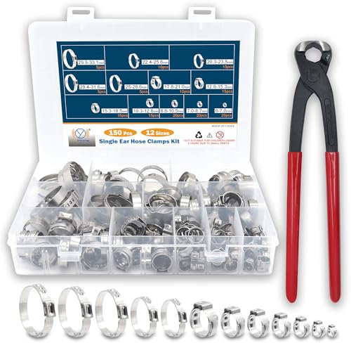 DIYoung 150 Pezzi Fascette Stringitubo, Tubi Regolabili a Un Orecchio 6-33,1mm in Acciaio Inossidabile 304 con Pinza per Fascette - Kit per Idraulica, Sanitari e Autoveicoli (12 Misure+pinze)