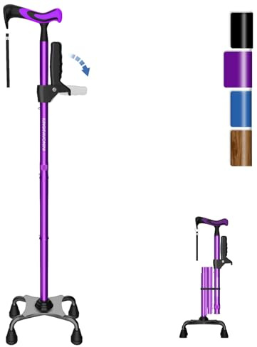 KingPavonini Gehstock für Damen und Herren mit zweitem Griff, faltbar und Verstellbarer Quad-Stock mit 4-Zacken-Basis zum Stehen, Gehstock klappbar für Senioren und Erwachsene