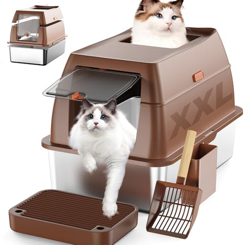 Geschlossenes XXL Edelstahl Katzenklo mit Deckel, leicht zu reinigen und geruchshemmend, mit hohem Rand, Zwei Eingänge vorne und Oben, Zwei Modi, inklusive Schaufel, Pedale für große Katzen (braun)