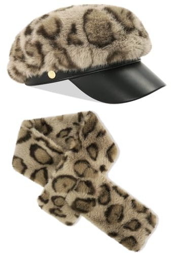 zhxinashu Damen Wintermütze und Schal Set mit Leopardenmuster | Weiches & Warmes Baskenmütze und Schal Set für Damen, Polyester, Accessoires als Geschenk zu Weihnachten oder Geburtstag
