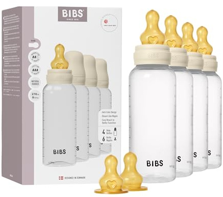 BIBS Babyflasche 270 ml, 4er-Pack Sauger aus Latex - Babyflaschenset, Anti-Kolik, BPA-frei, Langsamem Fluss, leicht und einfach zu reinigen, geeignet für Neugeborene ab 0 Jahren - Ivory