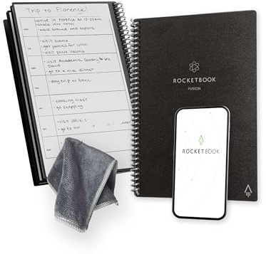 Rocketbook Fusion wiederverwendbarer, undatierter Produktivitätsplaner, Format 15 cm x 22,4 cm, Schwarz – Ziele, Monats- und Wochenkalender, tägliche To-do-Liste, linierte und gepunktete Seiten