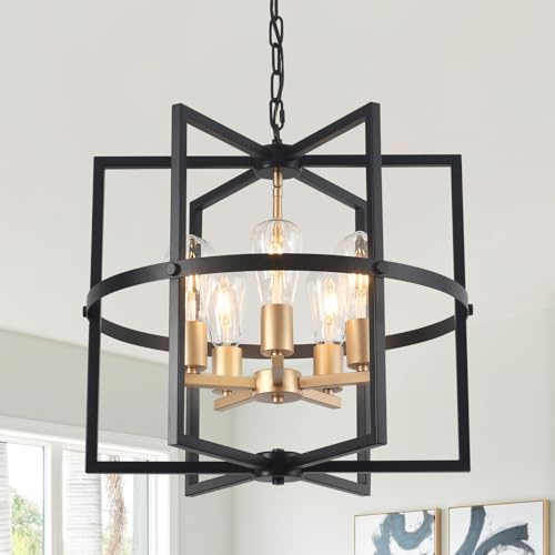 Febeleven 5-Lights Black and Gold Pendant Ceiling Light, Industrial Metal Pendant Light Fitting Chandeliers Hight Adjustable Lighting for Living Room, Kitchen, Bedroom, Dining Room