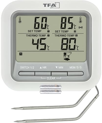 TFA Dostmann Digitales Grill- Bratenthermometer, 14.1516, mit 2 Edelstahlsonden, Fleischthermometer für Backofen+Grill, bis 300°C, mit Alarmfunktion, Rind/Schwein/Hühnchen/Fisch (weiß mit Batterien)