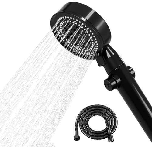 Shower Head and Hose 1.5M,Shower Head High Pressure with 5 Spray Modes, Handheld Shower Head High Pressure Design with Flexible, Water Control Button, Black Shower Head for Bathroom Use
