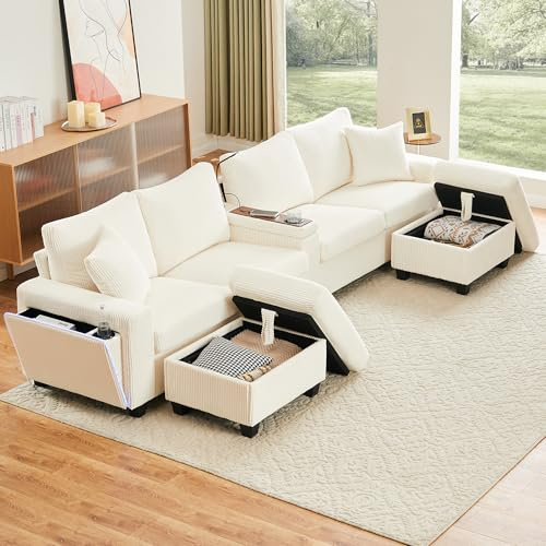 Luscriate Funktionssofa U-Form – Cord Couch mit L-E-D Beleuchtung, USB/Type-C, Stauraum & Cupholder, inkl. 2 Hocker, Wohnzimmer Sofa Grau 4-Sitzer+2
