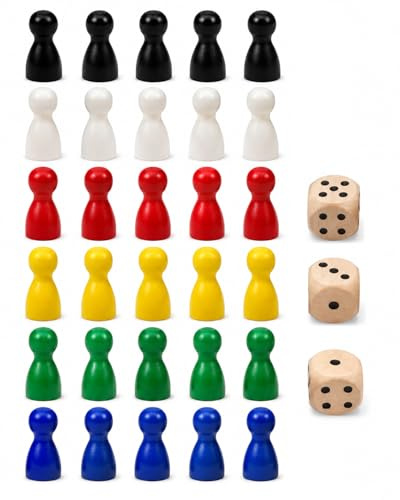 LONZIKP Spielfiguren Holz 30 Stück (6 Farben) + 3 Würfel | Mehrfarbige Spielsteine Brettspiele Zubehör