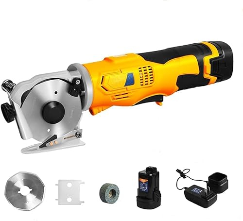 MXBAOHENG Forbici per tessuti a batteria Taglierina elettrica rotonda Spessore massimo di taglio 25 mm per il taglio di tessuto/moquette/pelle/gomma/cartone (1 batteria 2 lame, Giallo)