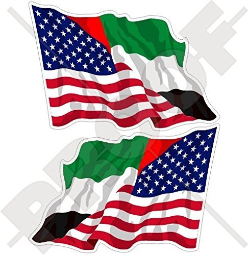 USA Vereinigte Staaten von Amerika und VAE Dubai, Abu Dhabi, Amerikanisch und Vereinigte Arabische Emirate Wehende Flagge, Fahne 120mm Auto & Motorrad Aufkleber, x2 Vinyl Stickers (Links - Rechts)