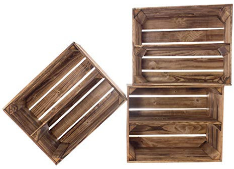 3er Set flambierte/geflammte massive Obstkisten als Regal 50cm x 40cm x 30cm / Apfelkisten Weinkisten mit Zwischenbrett