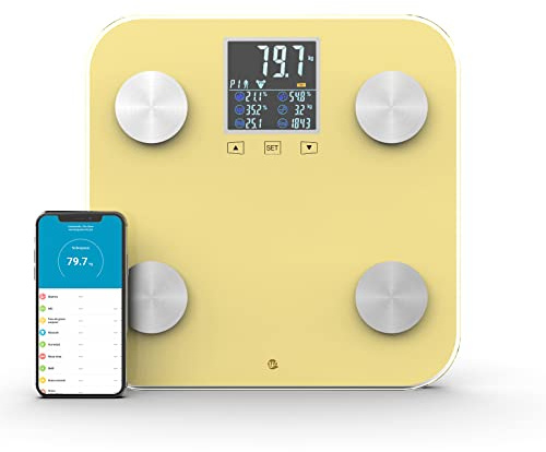 WottoCare - Professionelle Körperfettwaage | Körperanalysewaage mit App | 18 Messungen: Gewicht, Körperfett, Muskeln | BMI Digitalanzeige | Multi-User Fähig | Fortschrittskontrolle | Gelb
