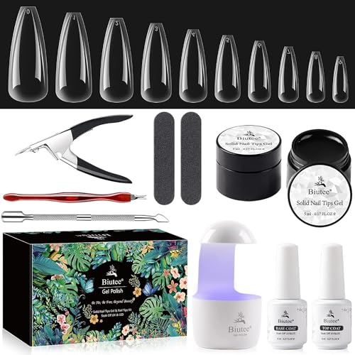Biutee Nail Tips and Glue Gel Kit,500 Stück Nagel Tips für Gelnägel,UV Nagelkleber,Mini UV Lampe,Top/Base Coat,Nagelwerkzeuge