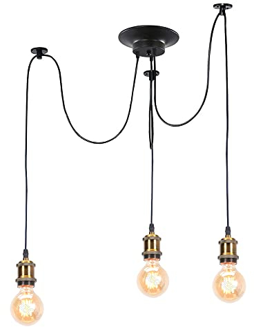 iDEGU DIY Pendelleuchte 3-flammig Hängelampe mit 150cm Kabel Retro Spinne-Stil Kronleuchter E27 Kreativ Vintage Schwarz Deckenleuchte Hängeleuchte Wohnzimmer,Restaurant,Café (3 Köpfe, Messing Fassung)