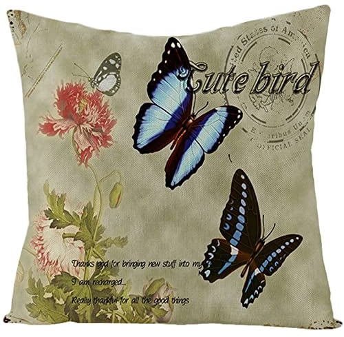 Ayoiow Couchkissen Bezüge 50x50cm, Couchkissen Bezüge Kissenhülle Leinen Schmetterlings und Blumen Muster Sofakissen Kissen Sofa Deko 20x20 Inch