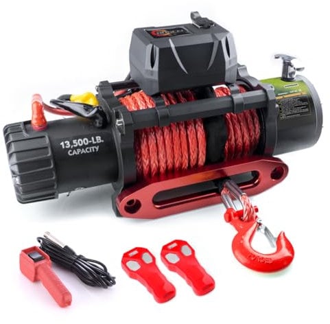 GRIPWAY 13500lb Waterproof Electric Red Synthetic Rope Winch with Hawse Fairlead, Infrared Remote Control and Wired Control